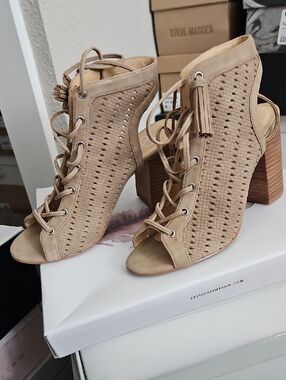 Jessica Simpson Taupe Woven Lace-Up Peep Toe Block Heels